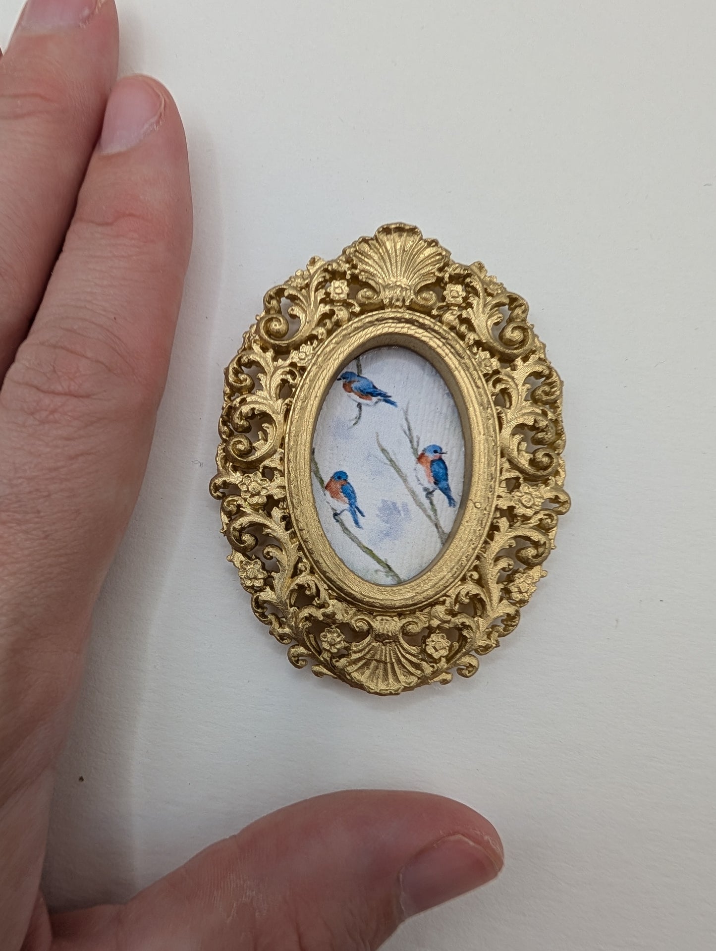 Tiny Bluebirds in Tree Watercolor Art Print - Dollhouse Size - With Gold Frame