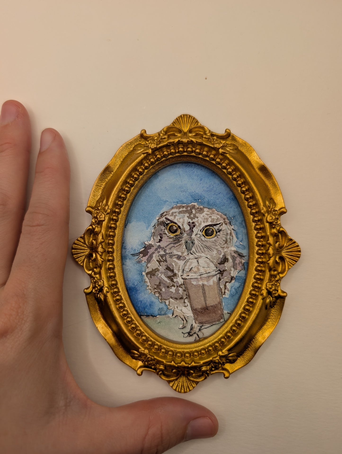 Mini Owl with Frozen Coffee Painting - Original Watercolor Art by Lora Cavallin