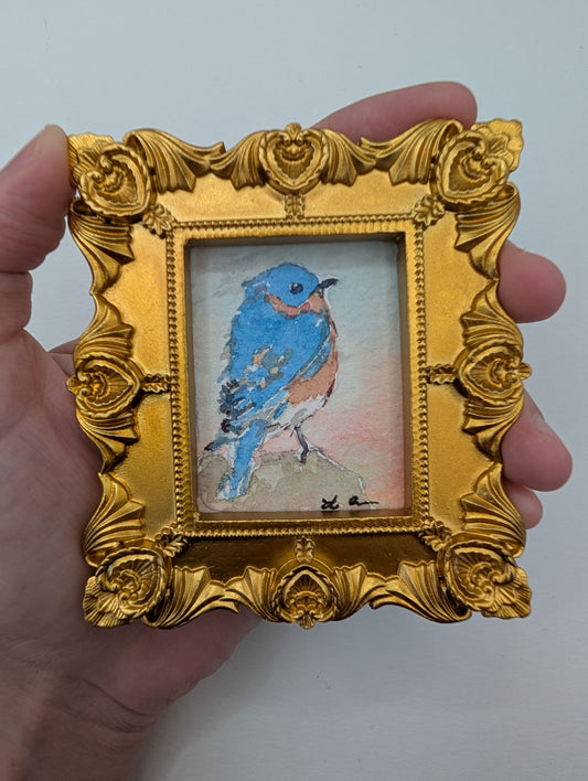 Mini Bluebird Painting - Original Watercolor Art by Lora Cavallin