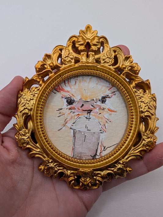 Mini Ostrich with Frozen Drink Painting - Original Watercolor Art by Lora Cavallin