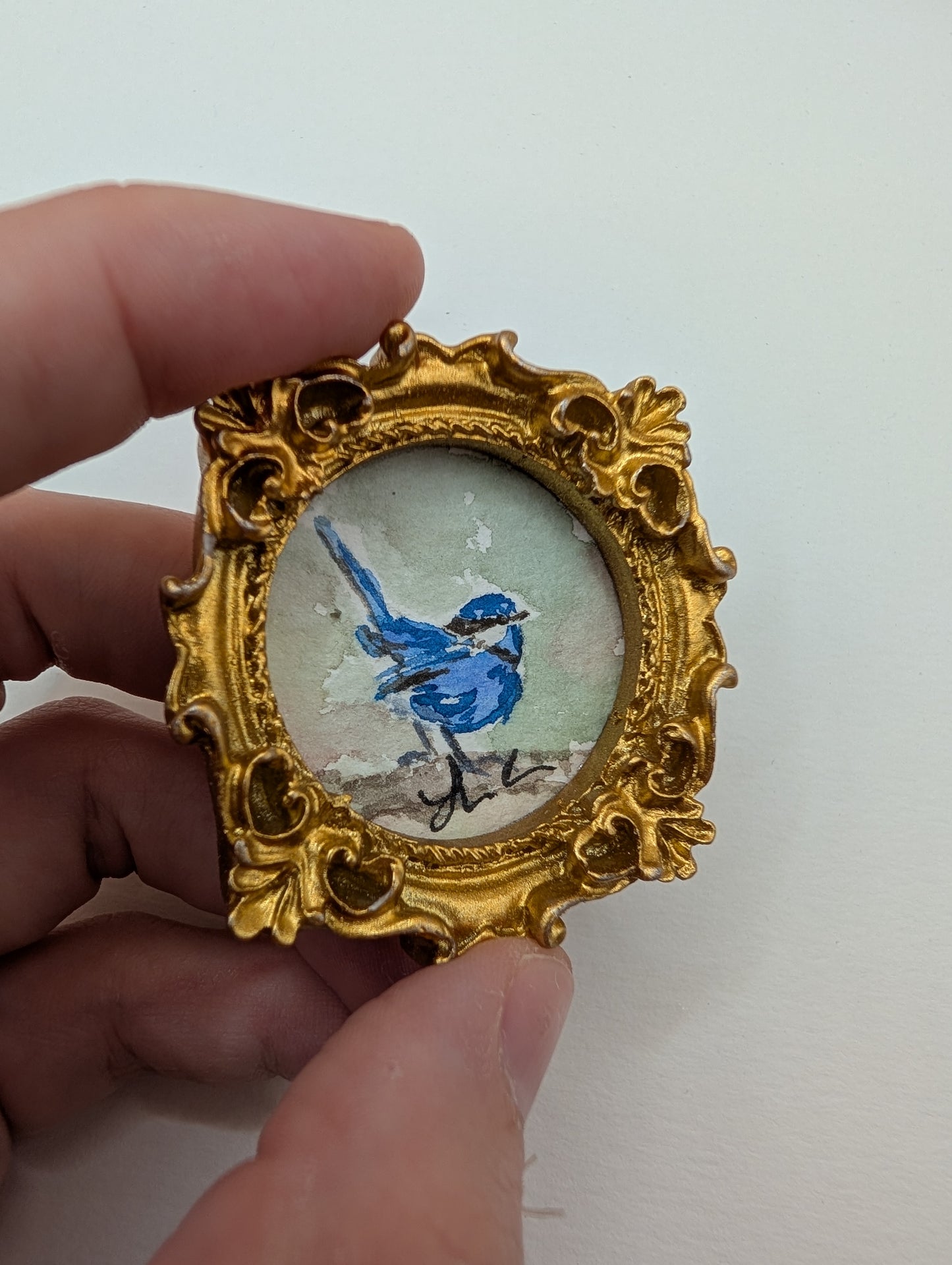 Mini Blue Fairy Wren Painting - Original Watercolor Art by Lora Cavallin