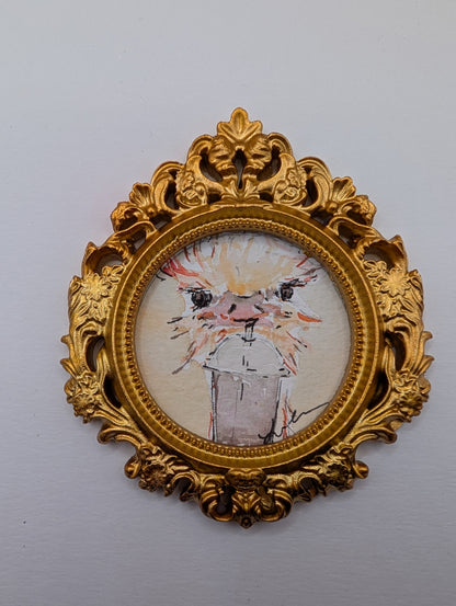 Mini Ostrich with Frozen Drink Painting - Original Watercolor Art by Lora Cavallin