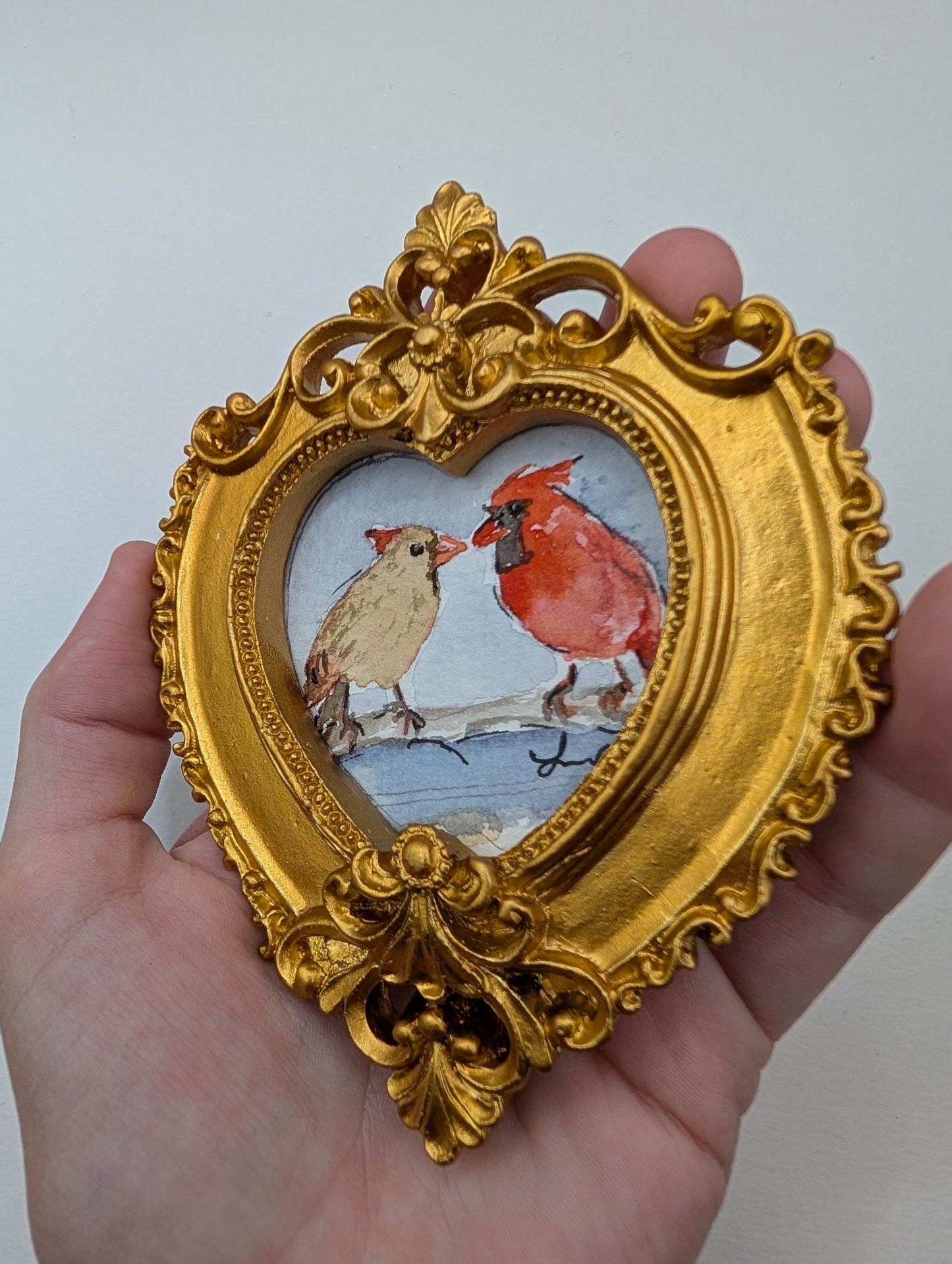 Mini Male and Female Cardinal Birds Painting - Original Watercolor Art by Lora Cavallin