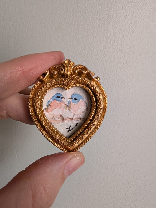 Mini Bluebirds in Love Painting - Original Watercolor Art by Lora Cavallin