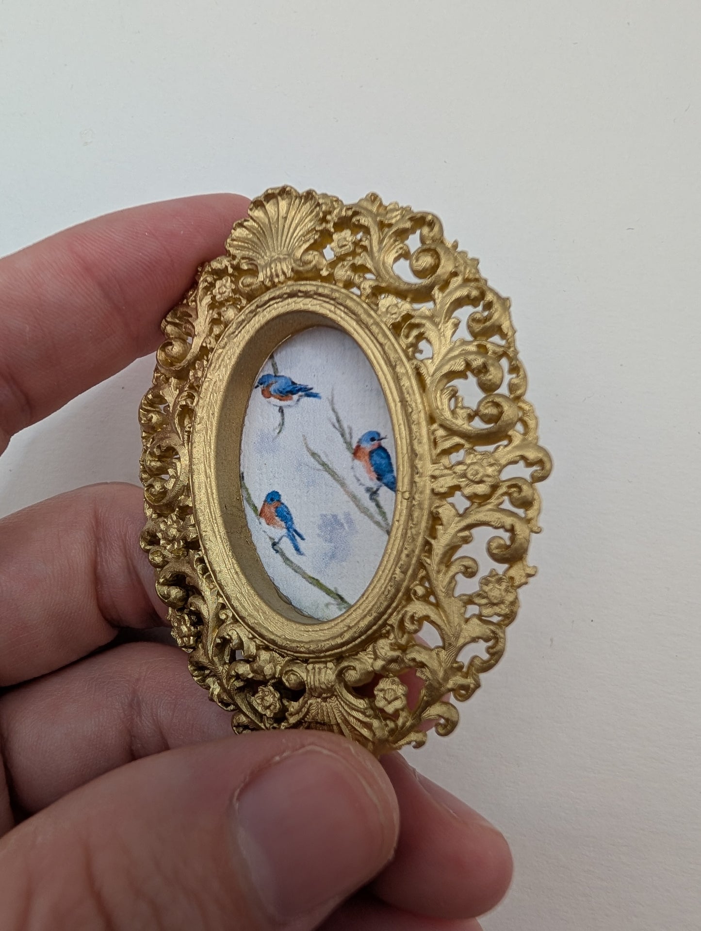 Tiny Bluebirds in Tree Watercolor Art Print - Dollhouse Size - With Gold Frame