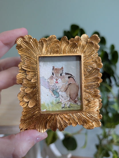 Mini Chipmunk with Coffee Painting - Original Watercolor Art by Lora Cavallin