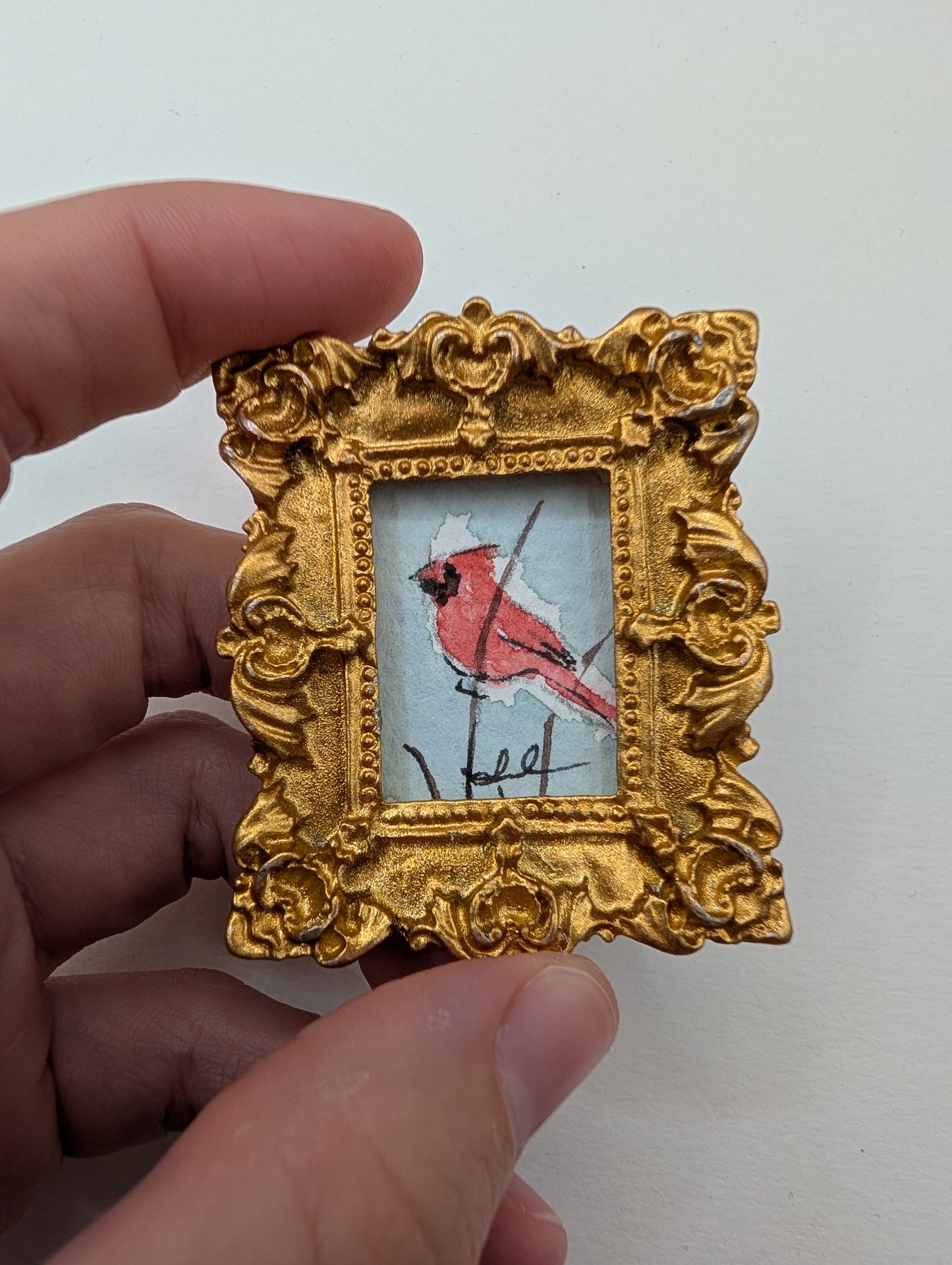 Mini Cardinal Bird Painting - Original Watercolor Art by Lora Cavallin