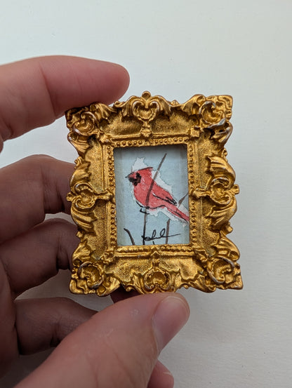 Mini Cardinal Bird Painting - Original Watercolor Art by Lora Cavallin