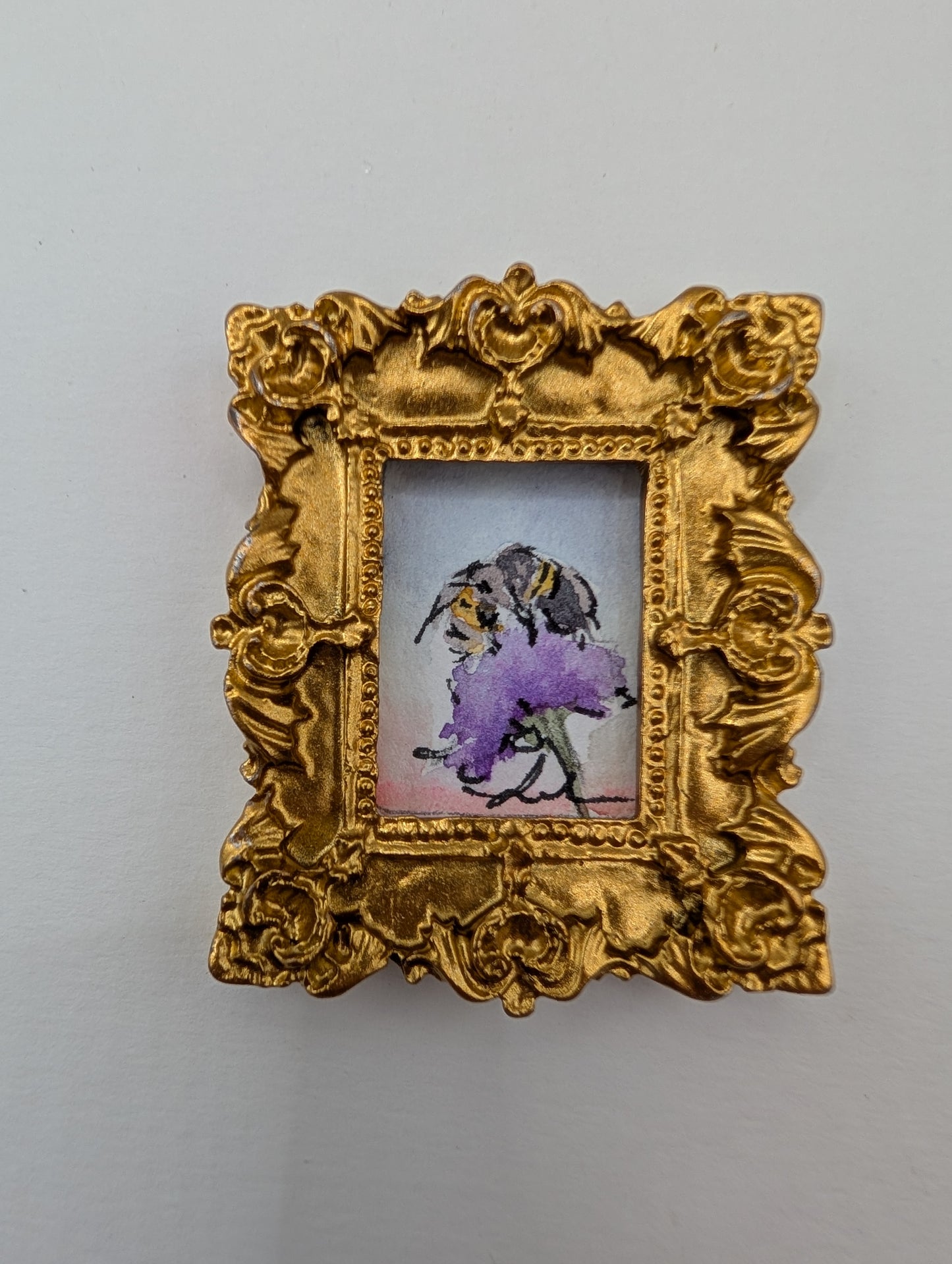 Mini Bee on Flower Painting - Original Watercolor Art by Lora Cavallin