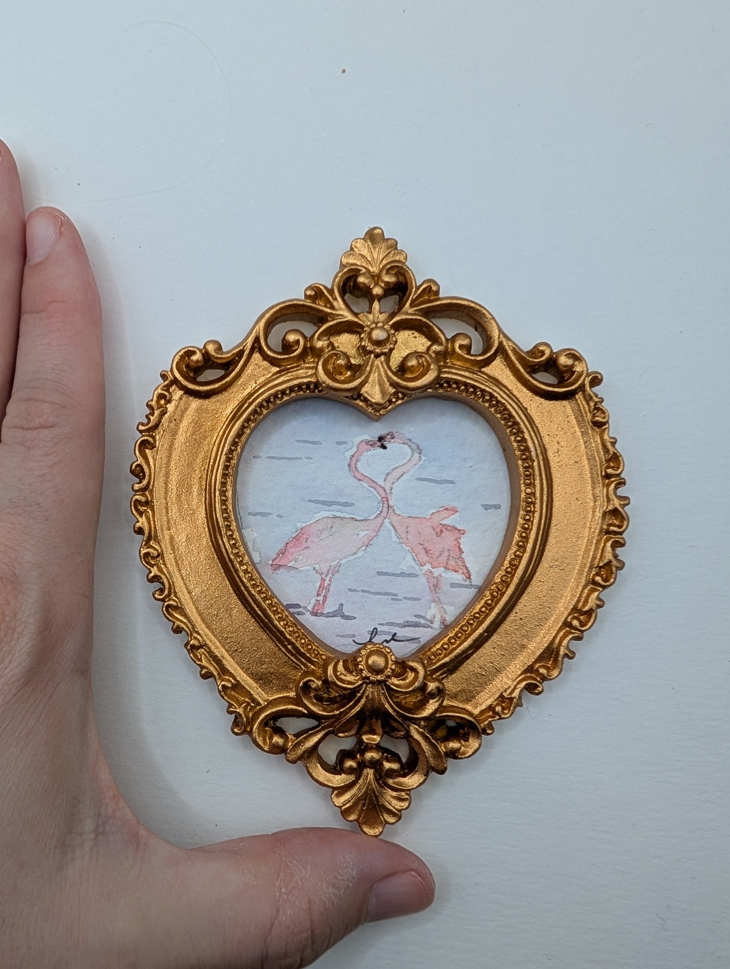Mini Flamingos in Love Painting - Original Watercolor Art by Lora Cavallin