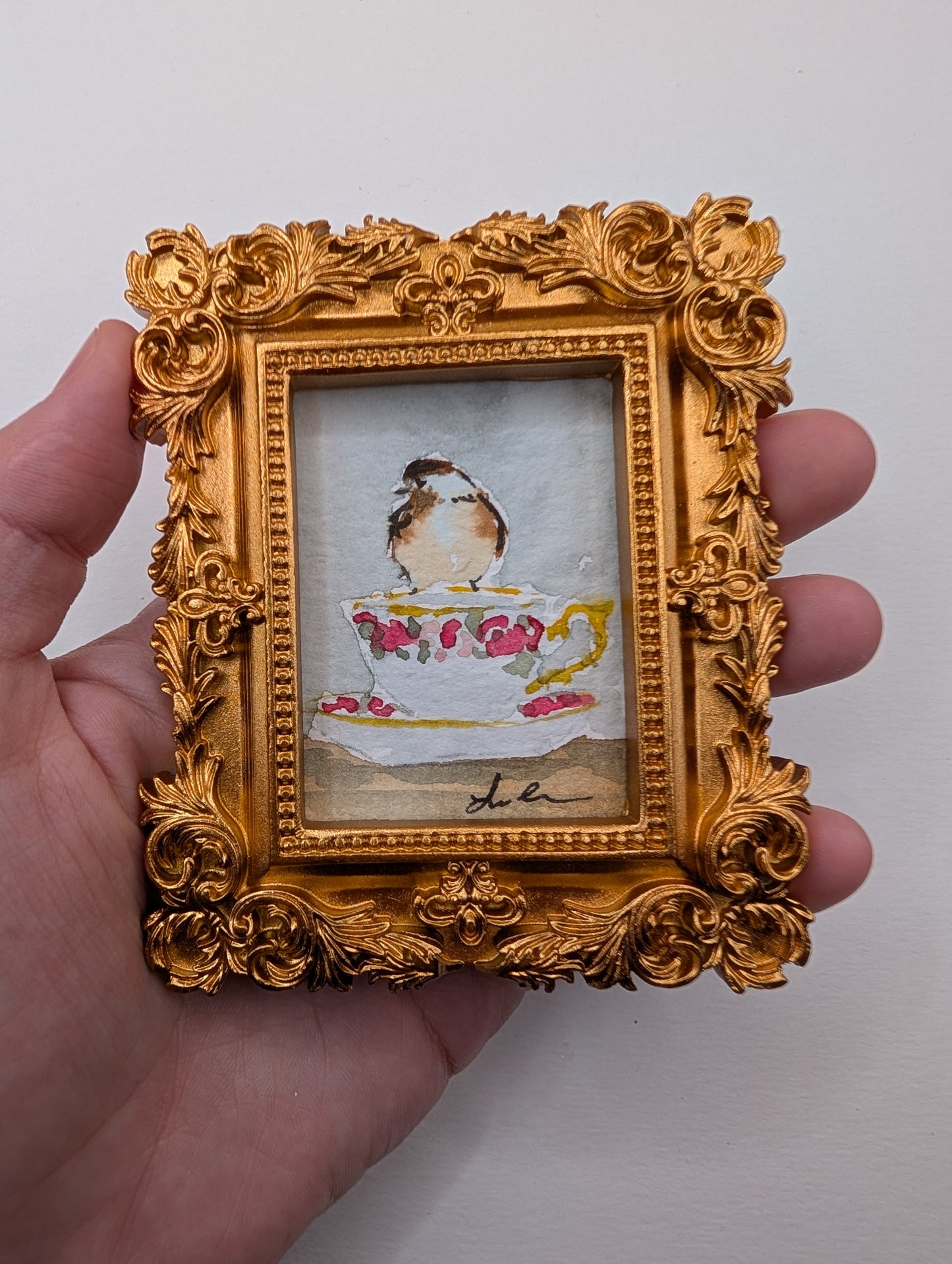 Mini Chickadee Bird on Teacup Painting - Original Watercolor Art by Lora Cavallin