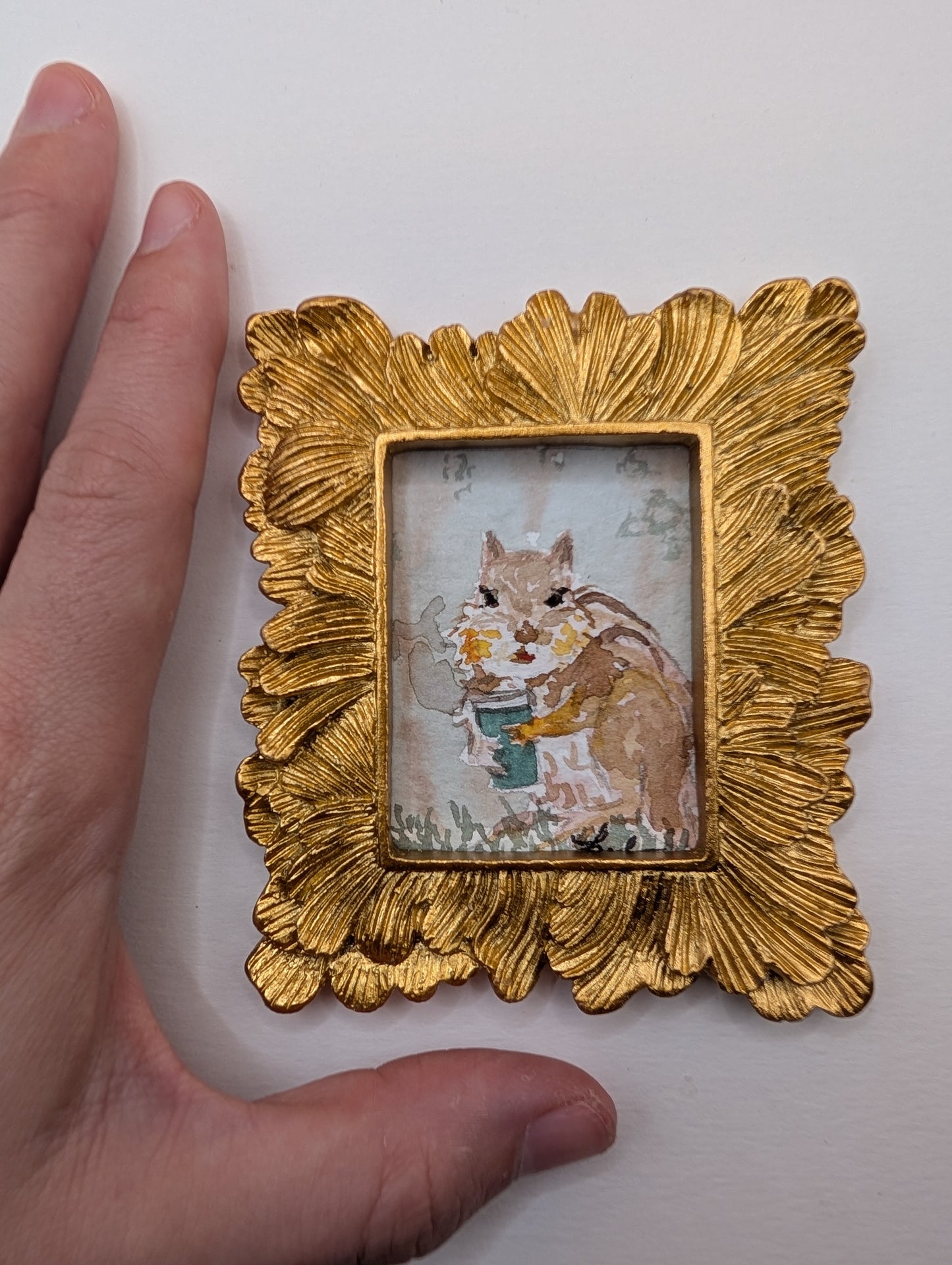 Mini Chipmunk with Coffee Painting - Original Watercolor Art by Lora Cavallin