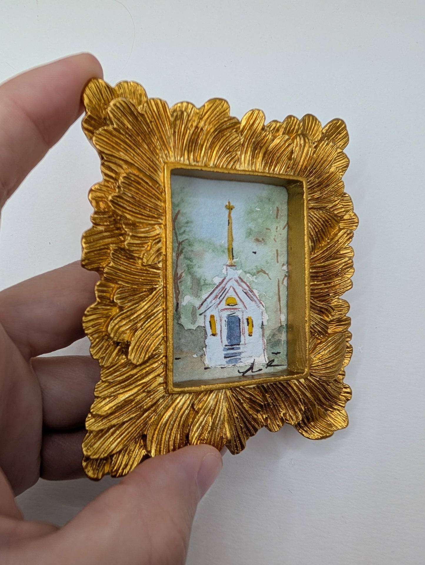 Mini Church Painting - Original Watercolor Art by Lora Cavallin