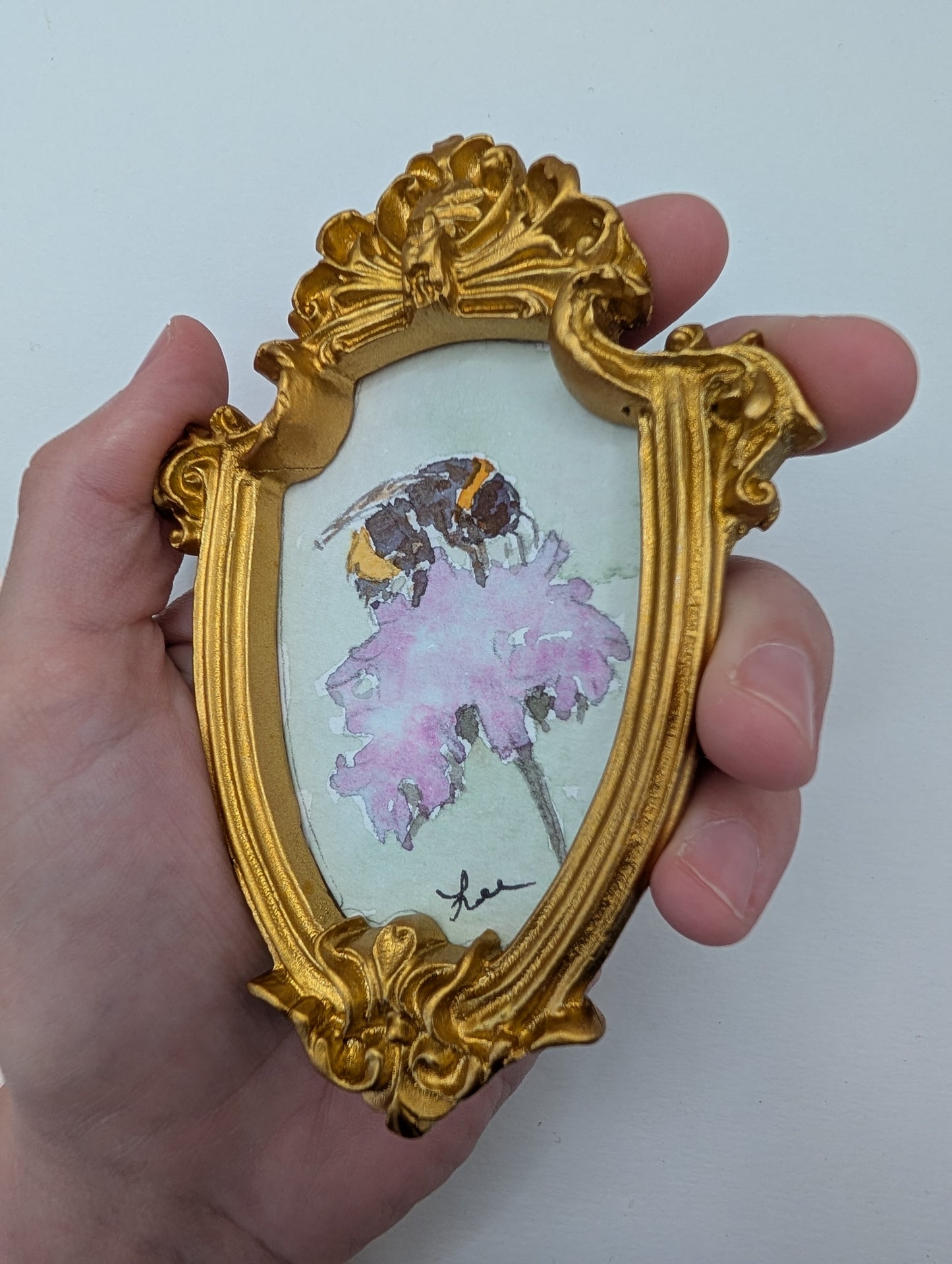 Mini Bee on Flower Painting - Original Watercolor Art by Lora Cavallin