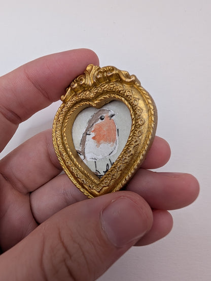 Mini Robin Bird in Heart Frame Painting - Original Watercolor Art by Lora Cavallin