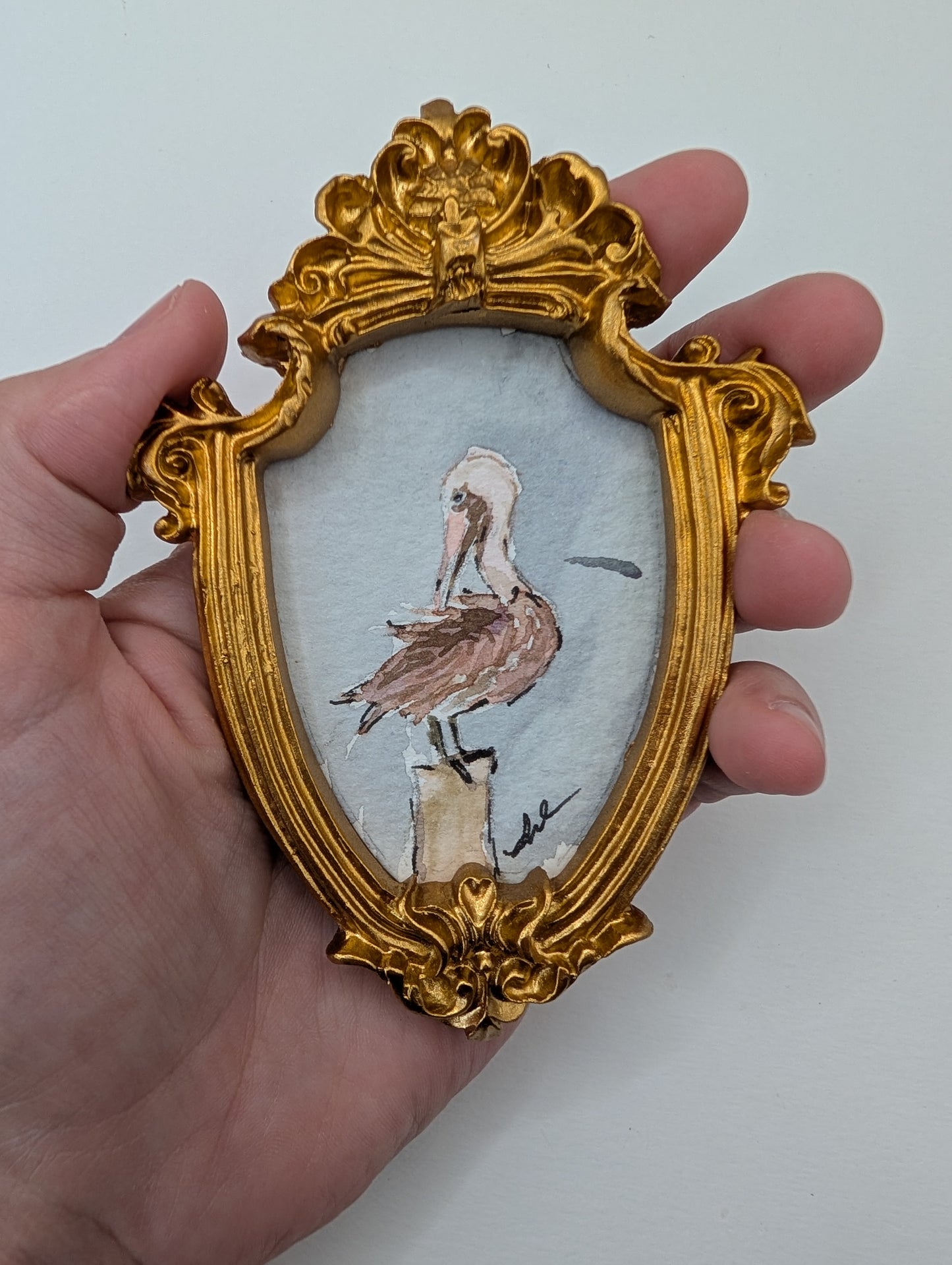 Mini Pelican Painting - Original Watercolor Art by Lora Cavallin