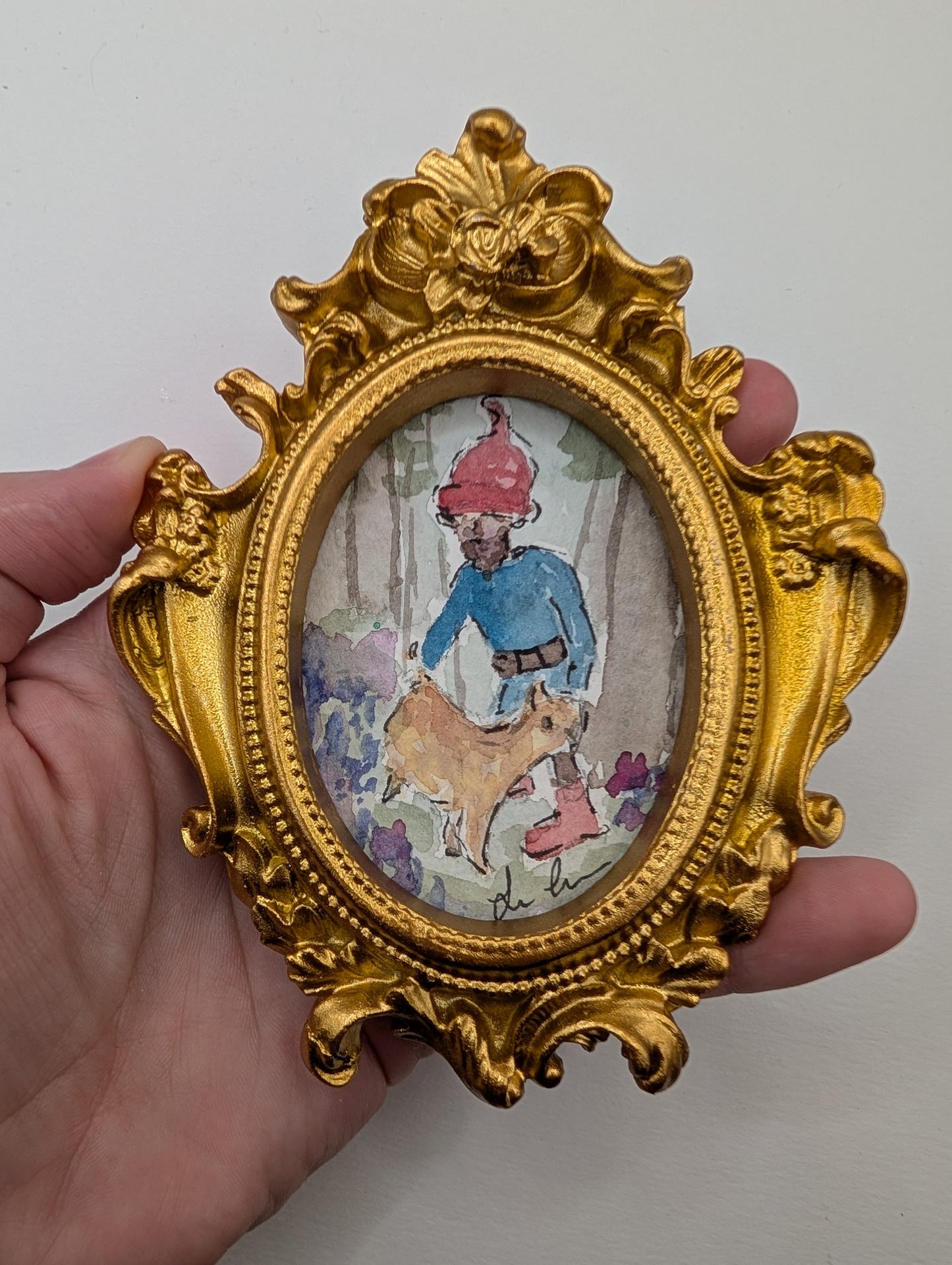 Mini Forrest Gnome with Cat Painting - Original Watercolor Art by Lora Cavallin