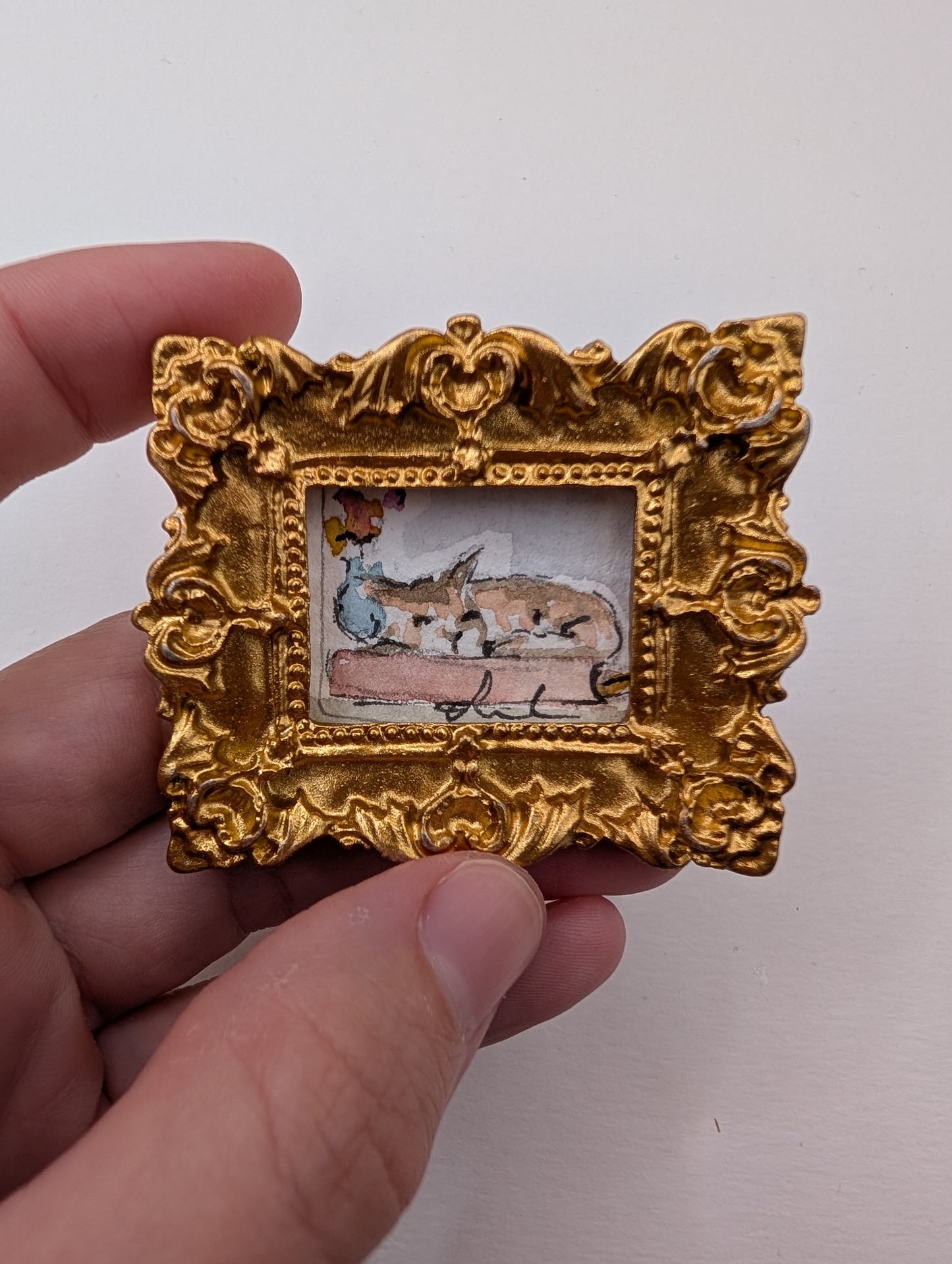 Mini Sleeping Cat Painting - Original Watercolor Art by Lora Cavallin