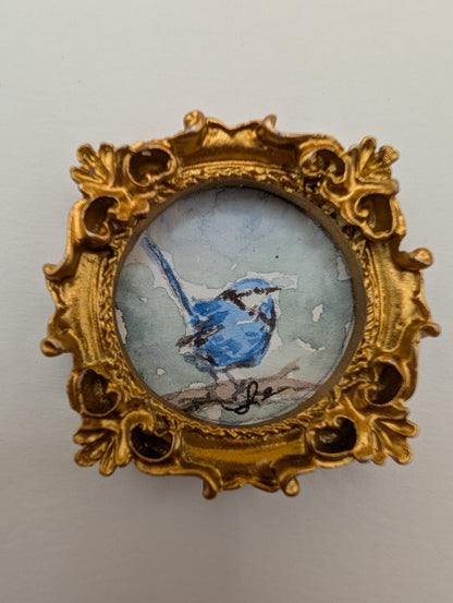 Mini Blue Fairy Wren Painting - Original Watercolor Art by Lora Cavallin