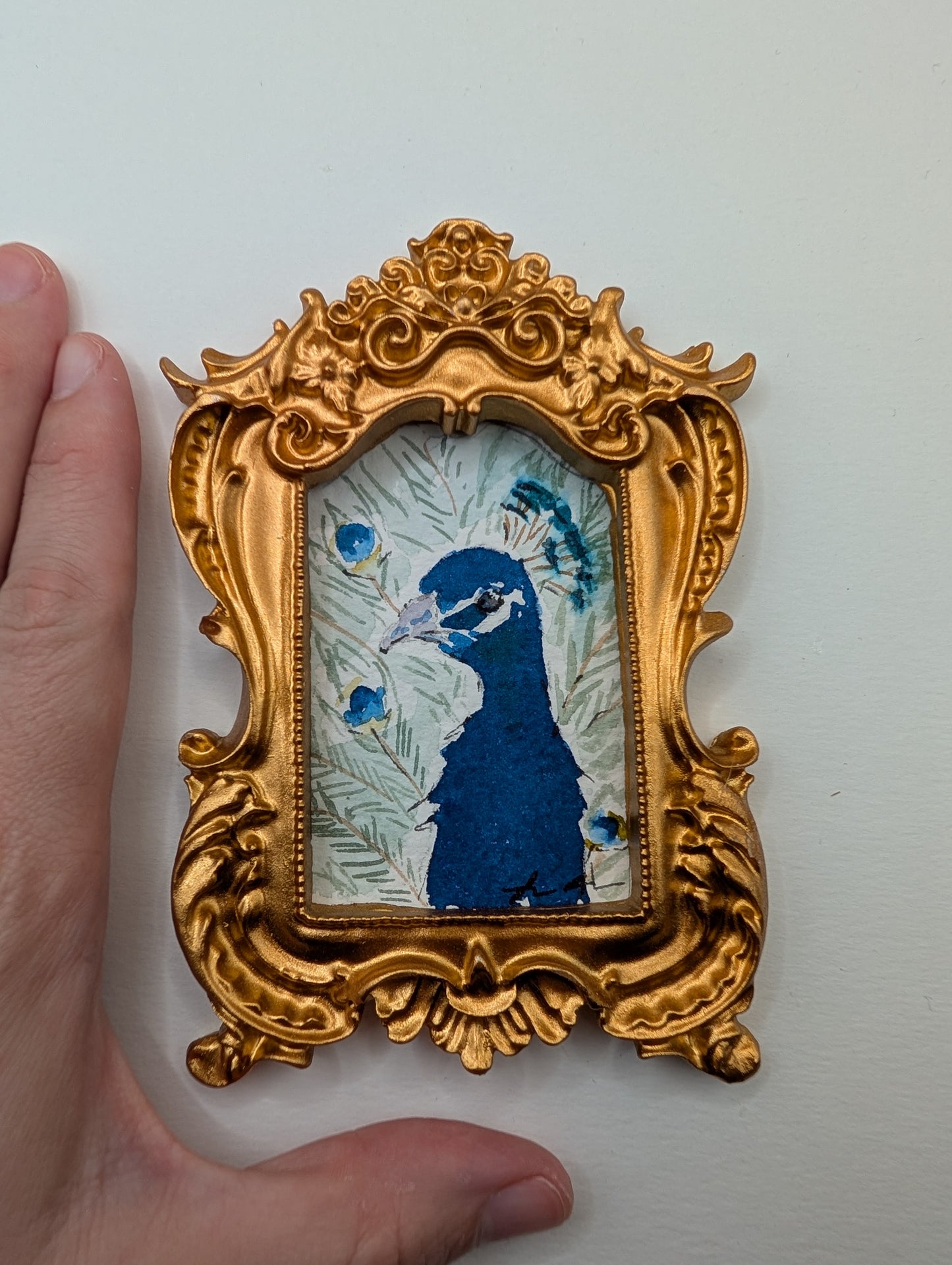 Mini Peacock Painting - Original Watercolor Art by Lora Cavallin