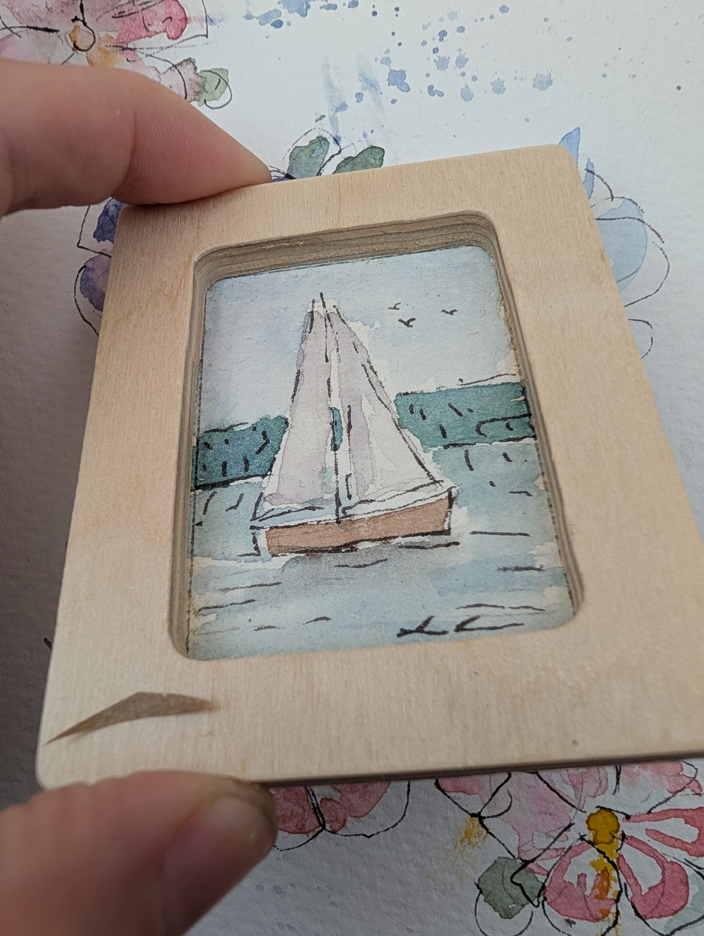 Mini Sailboat Painting - Original Watercolor Art by Lora Cavallin