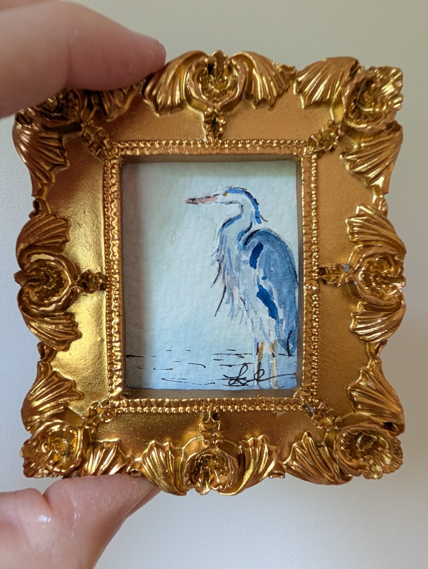 Mini Blue Heron Painting - Original Watercolor Art by Lora Cavallin