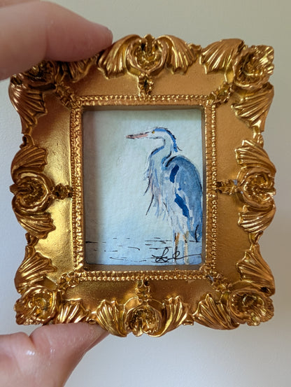 Mini Blue Heron Painting - Original Watercolor Art by Lora Cavallin