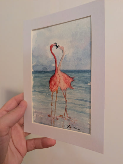 Flamingos in Love Watercolor Painting - 4 x 6" - No Frame, Comes with Mat - Original Art by Lora Cavallin