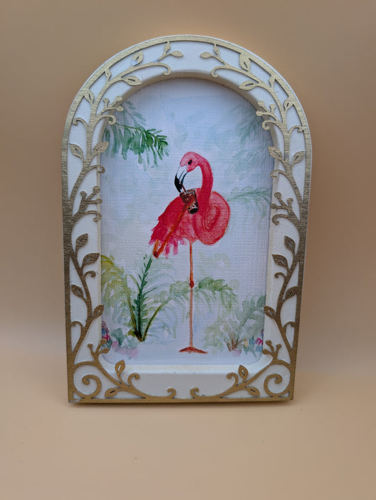 Sassy Flamingo with Iced Drink Print - Arched Framed Print