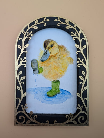 Duck Playing in Puddle Print - Arched Framed Print