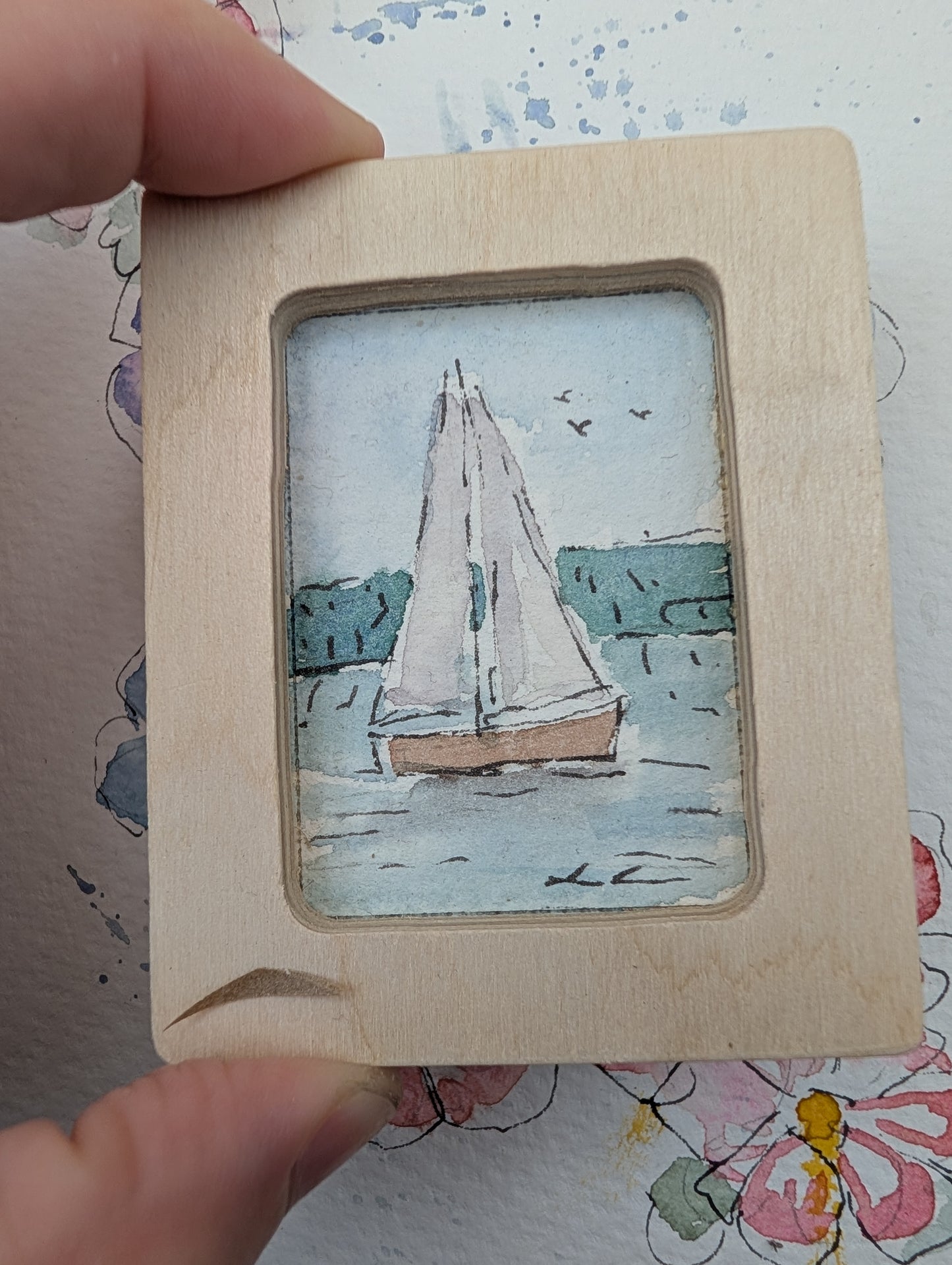 Mini Sailboat Painting - Original Watercolor Art by Lora Cavallin