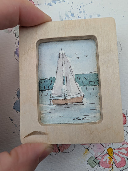 Mini Sailboat Painting - Original Watercolor Art by Lora Cavallin