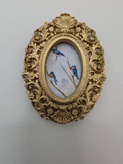 Tiny Bluebirds in Tree Watercolor Art Print - Dollhouse Size - With Gold Frame