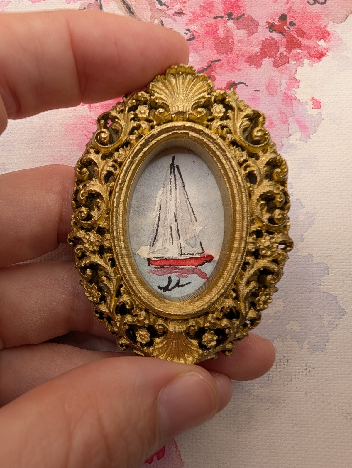 Mini Sailboat Painting - Original Watercolor Art by Lora Cavallin