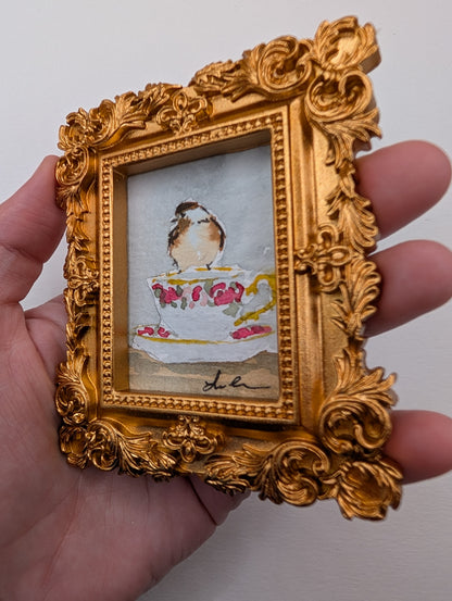 Mini Chickadee Bird on Teacup Painting - Original Watercolor Art by Lora Cavallin