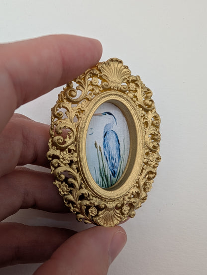 Tiny Blue Heron Watercolor Art Print - Dollhouse Size - With Gold Frame