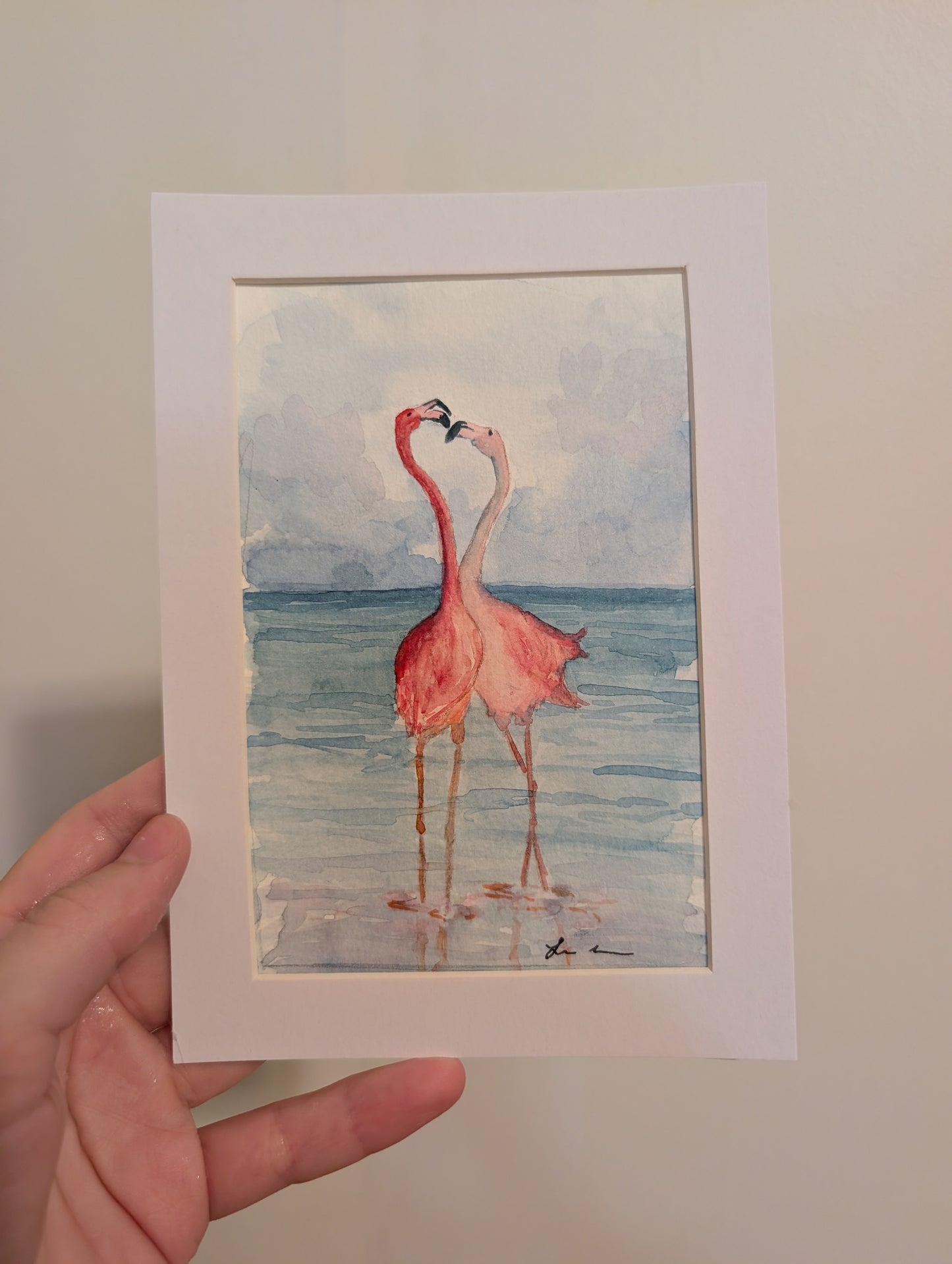 Flamingos in Love Watercolor Painting - 4 x 6" - No Frame, Comes with Mat - Original Art by Lora Cavallin