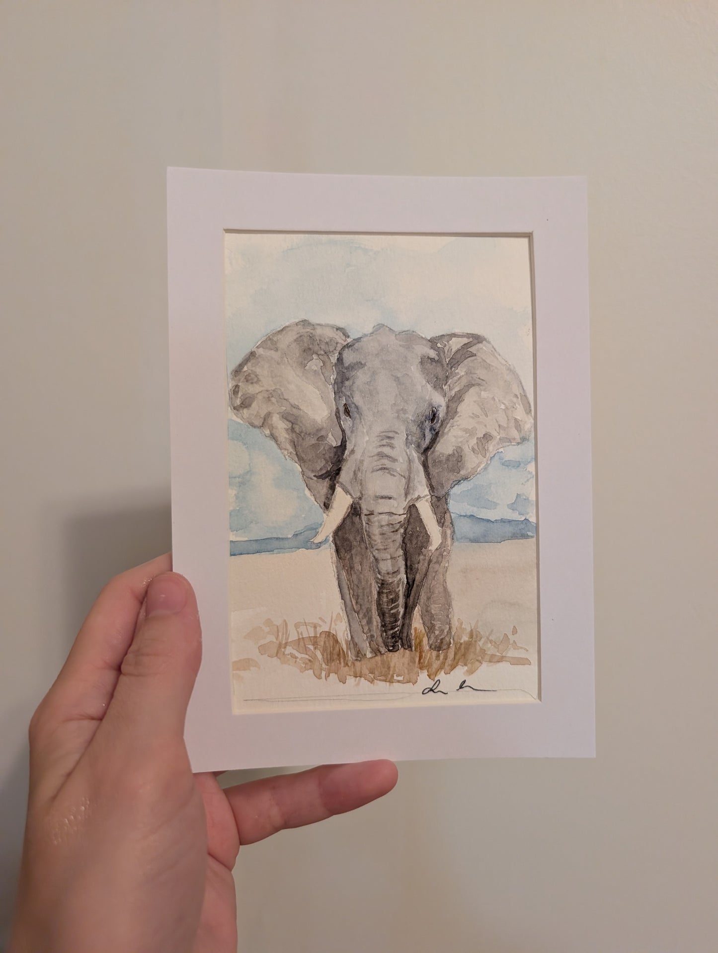 Elephant Watercolor Painting - 4 x 6" - No Frame, Comes with Mat - Original Art by Lora Cavallin