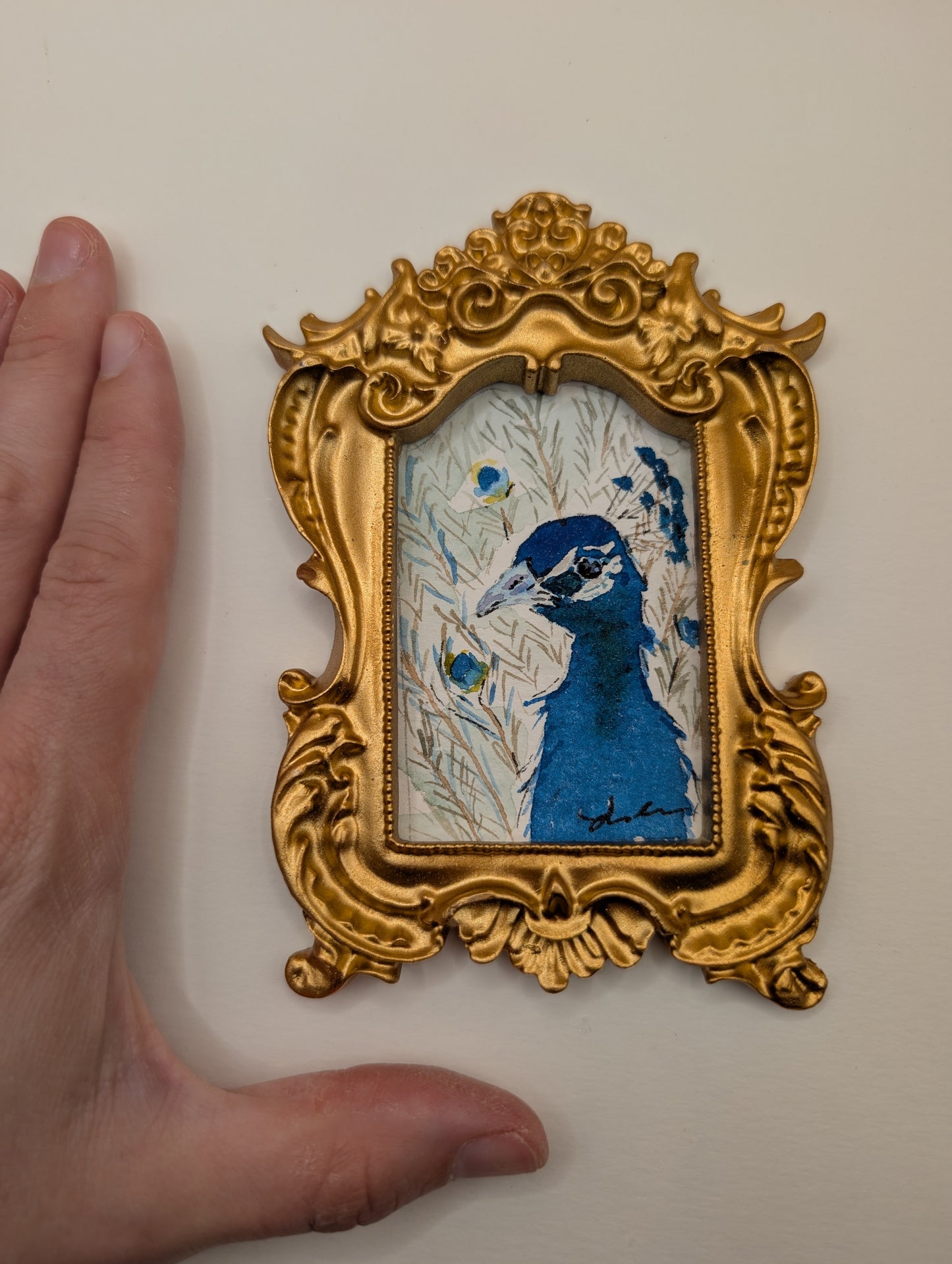 Mini Peacock Painting - Original Watercolor Art by Lora Cavallin
