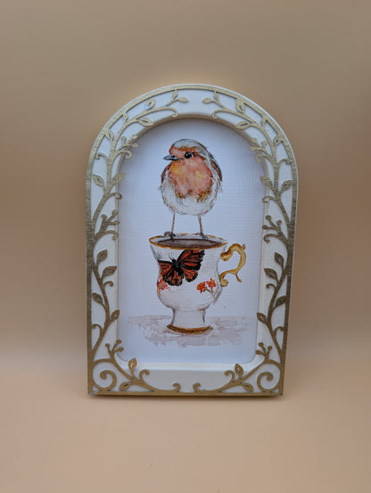 Robin on Teacup - Arched Framed Print