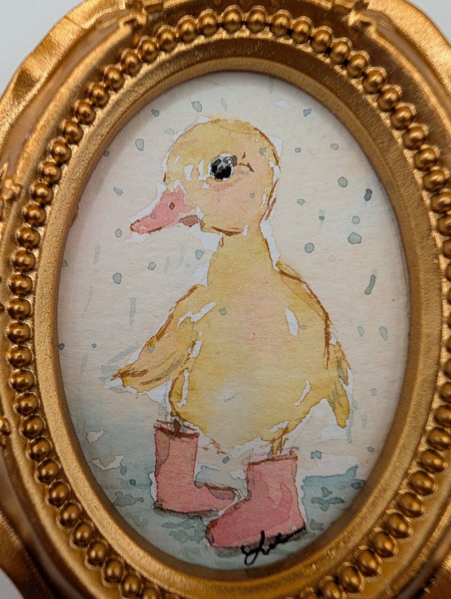 Mini Baby Duck with Boots Painting - Original Watercolor Art by Lora Cavallin