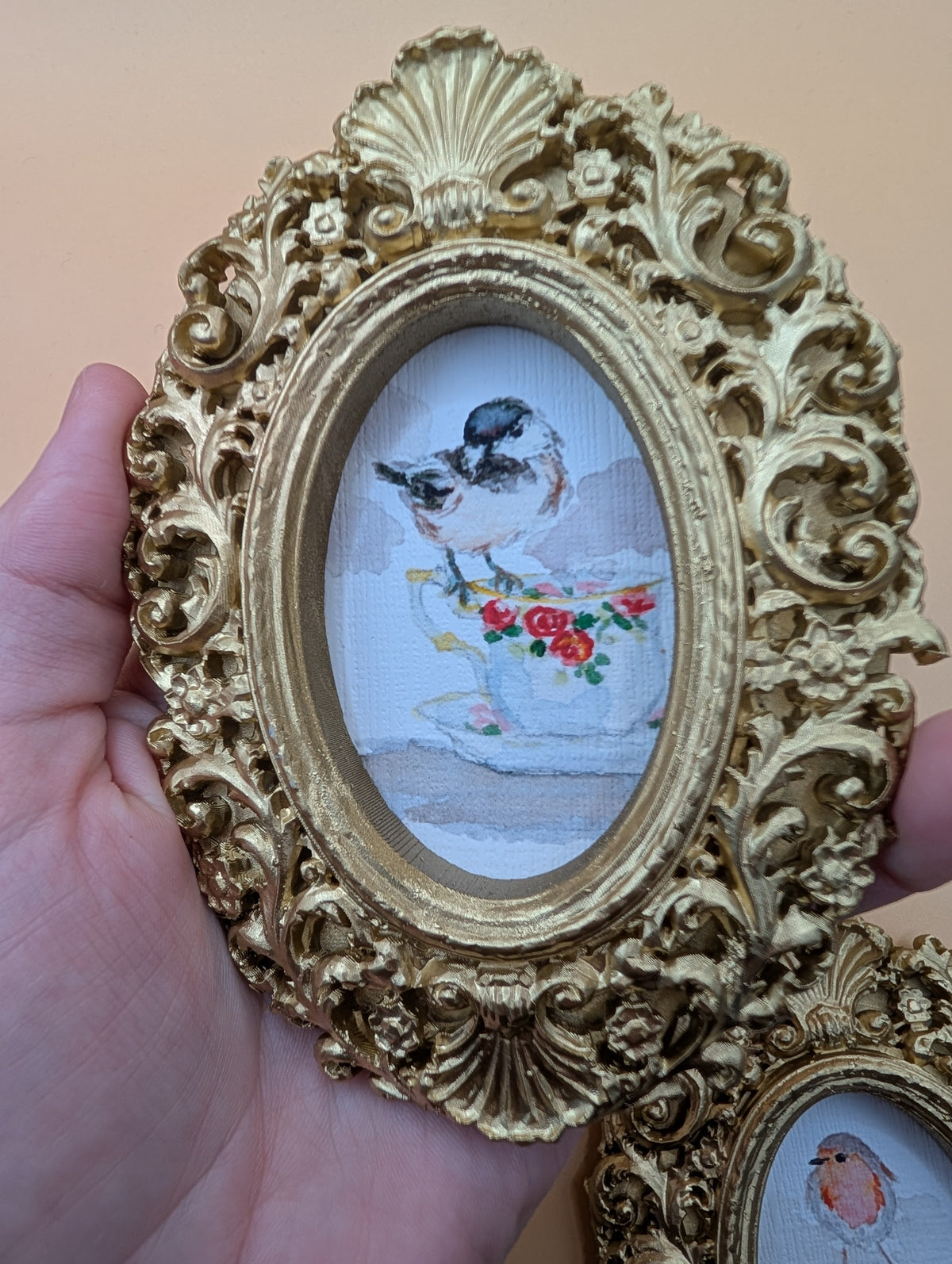 Small Birds on Teacups Art Print Set of Three - With Gold Frames - Watercolor Design