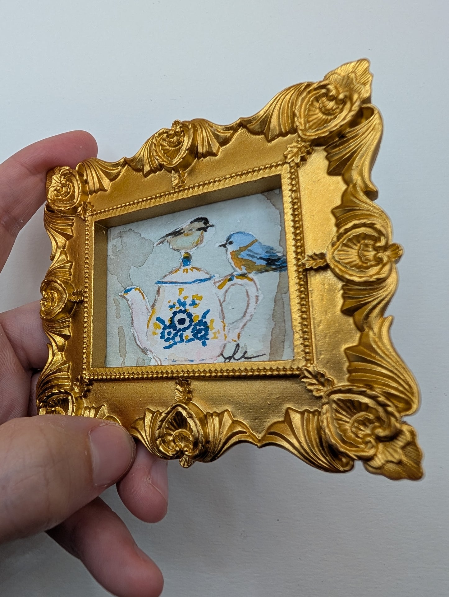 Mini Birds on Teapot Painting - Original Watercolor Art by Lora Cavallin