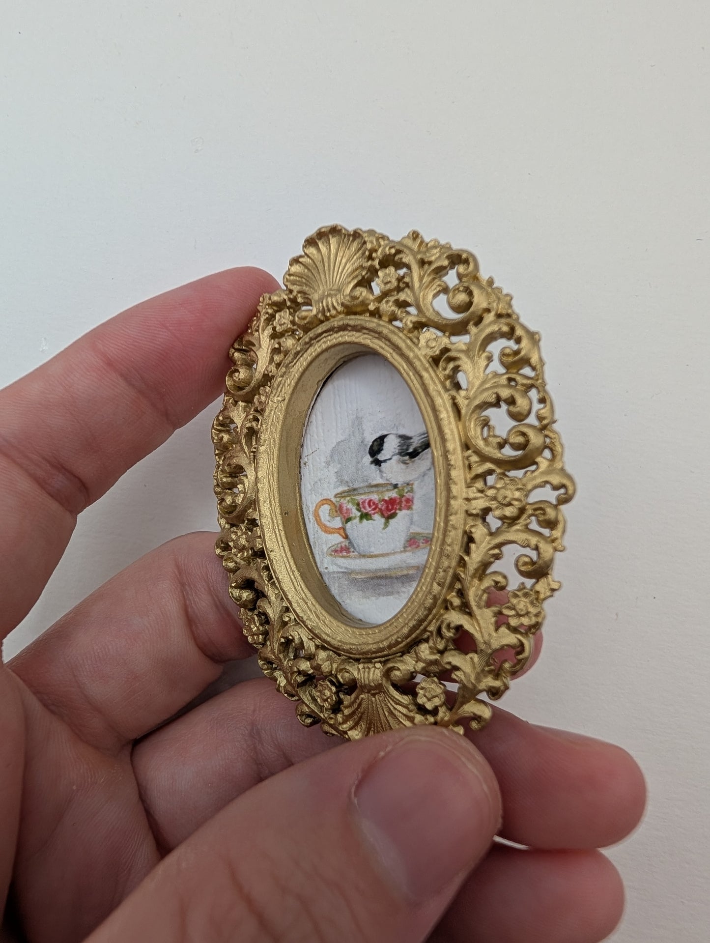 Tiny Chickadee Bird on Teacup Watercolor Art Print - Dollhouse Size - With Gold Frame