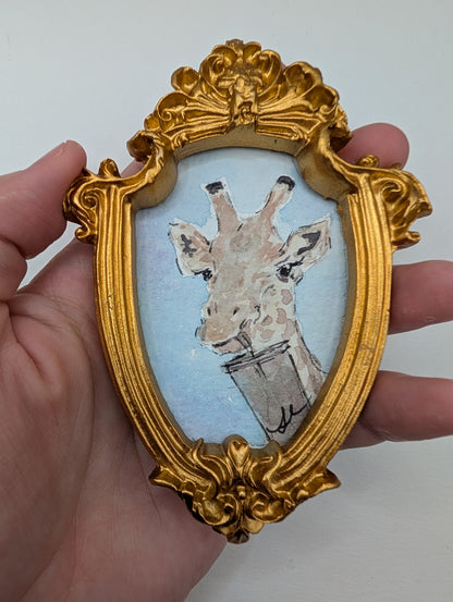 Mini Giraffe with Drink Painting - Original Watercolor Art by Lora Cavallin