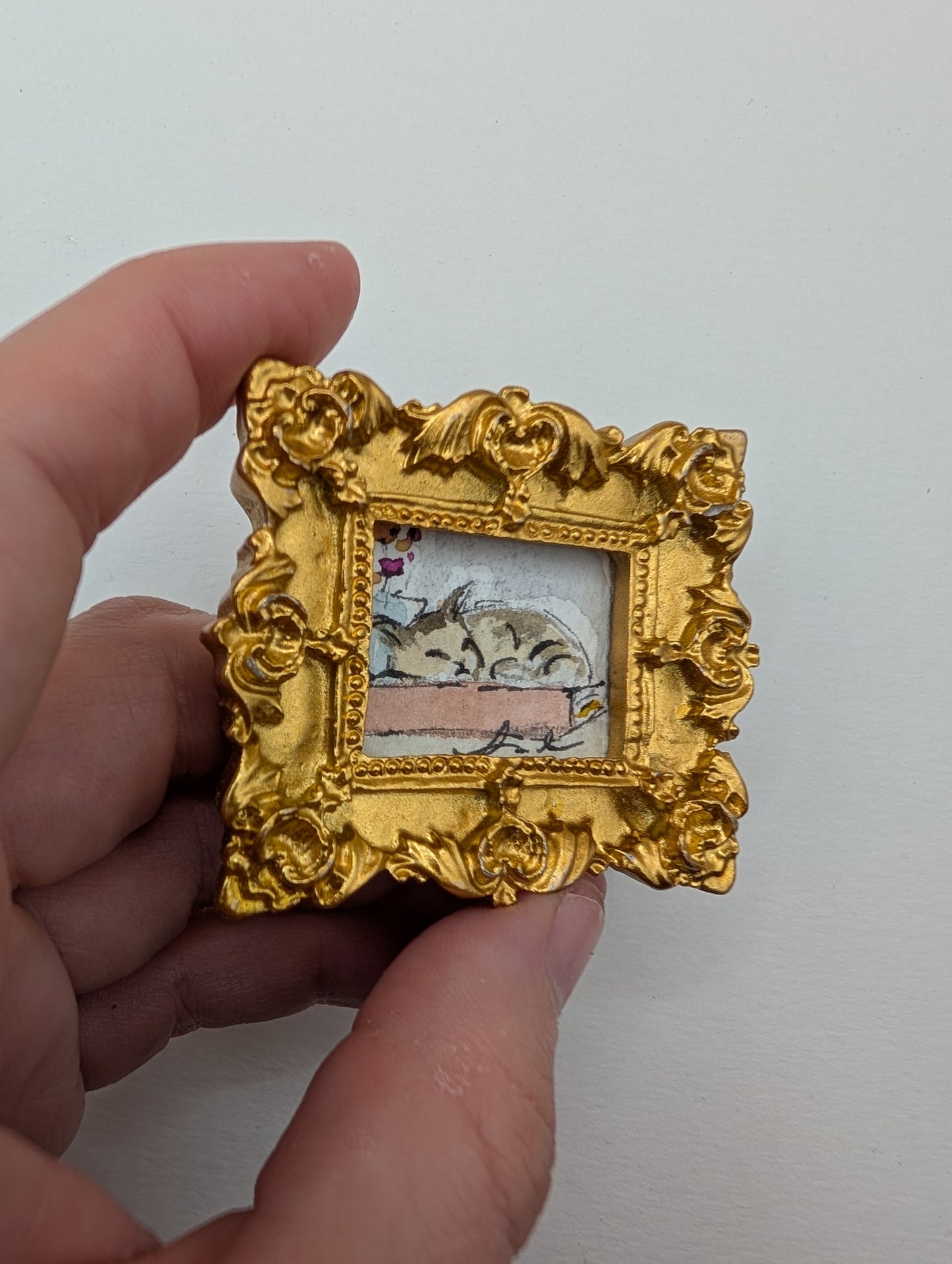 Mini Sleeping Cat Painting - Original Watercolor Art by Lora Cavallin