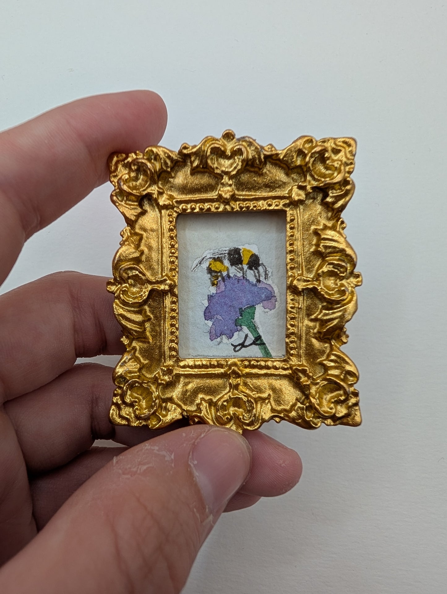 Mini Bee on Flower Painting - Original Watercolor Art by Lora Cavallin