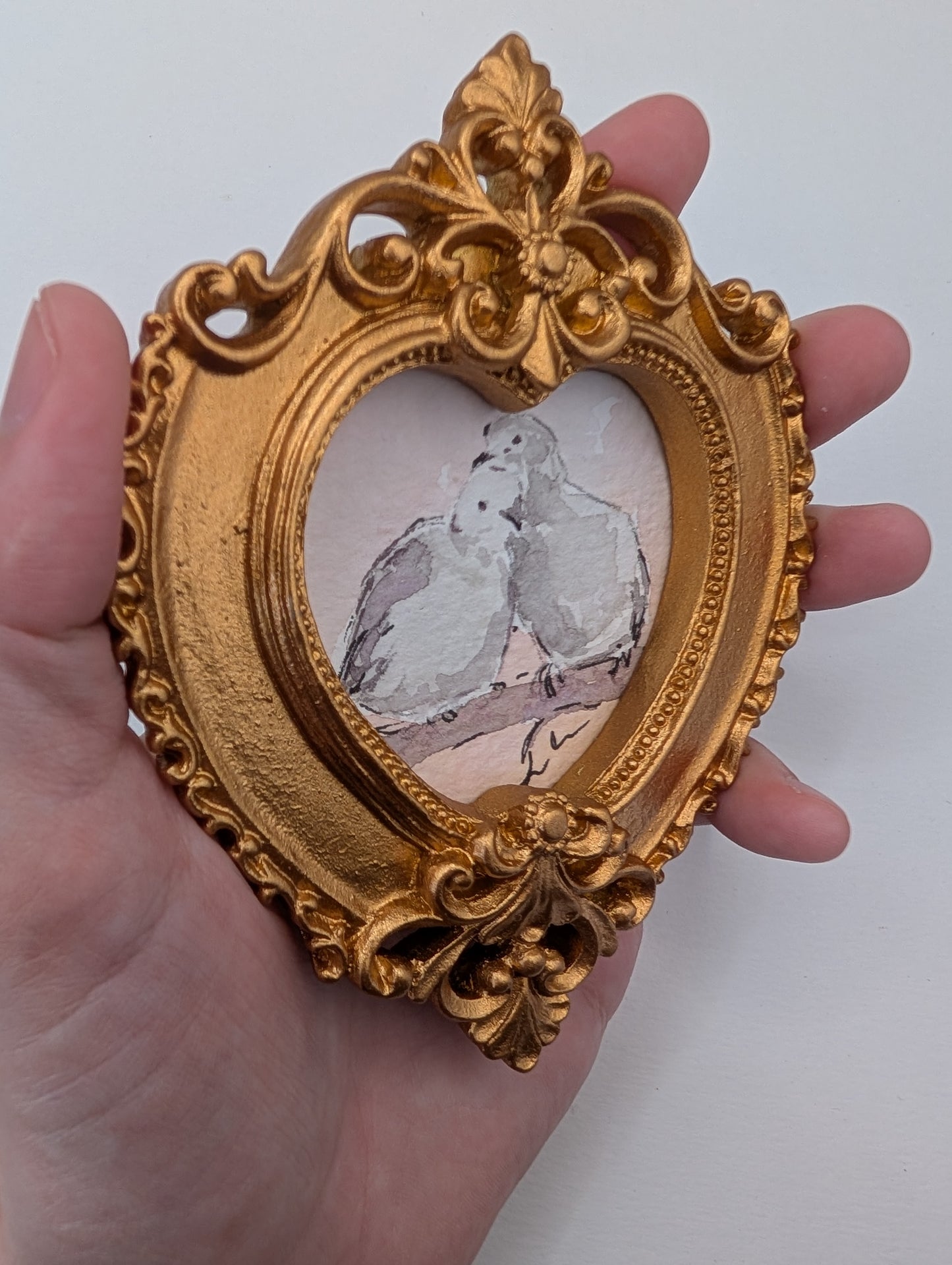 Mini Doves in Love Painting - Original Watercolor Art by Lora Cavallin
