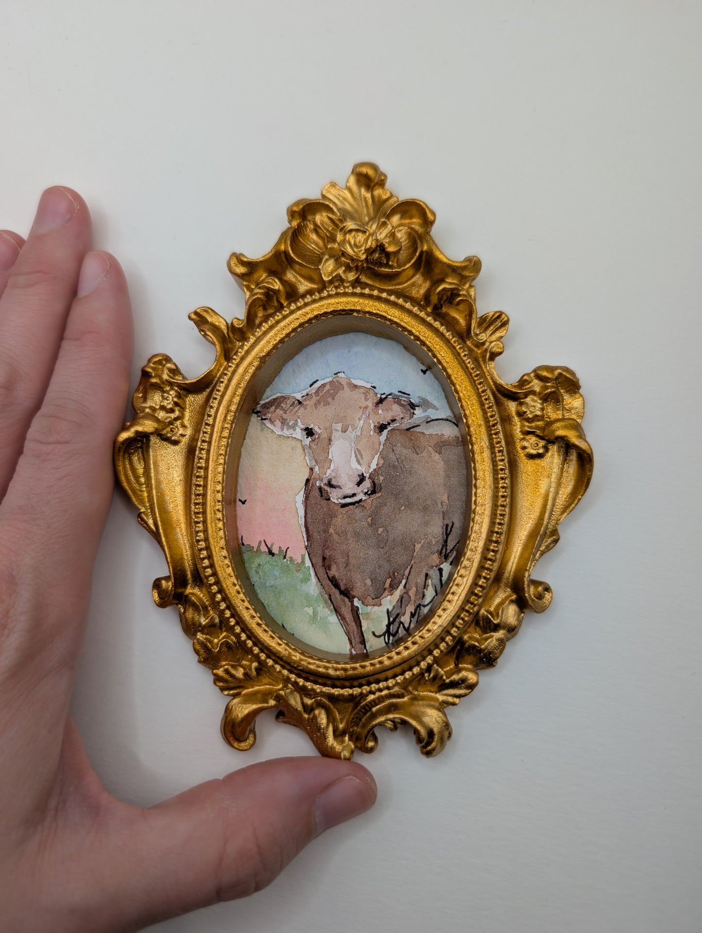 Mini Cow Painting - Original Watercolor Art by Lora Cavallin