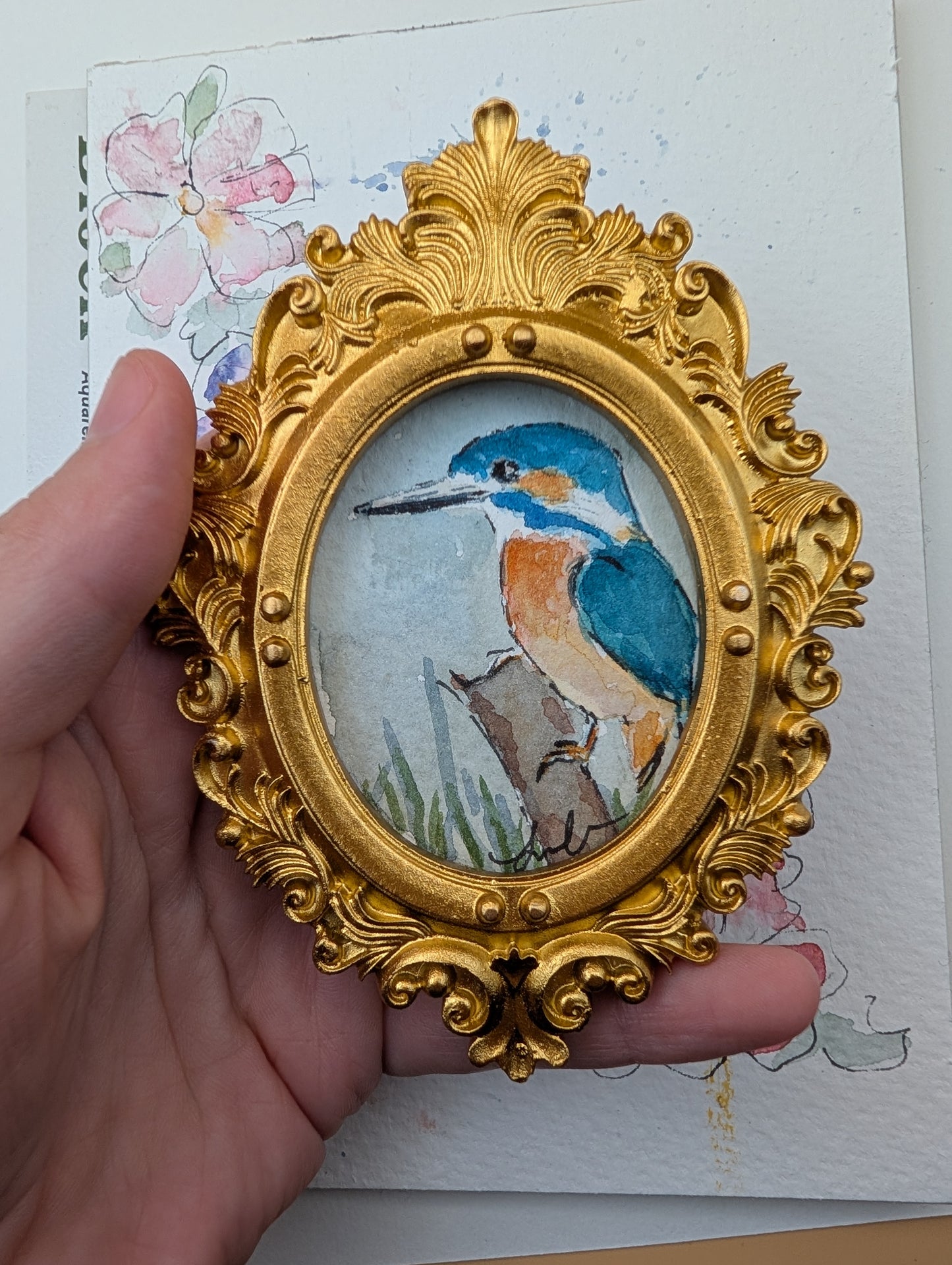 Mini Kingfisher Painting - Original Watercolor Art by Lora Cavallin